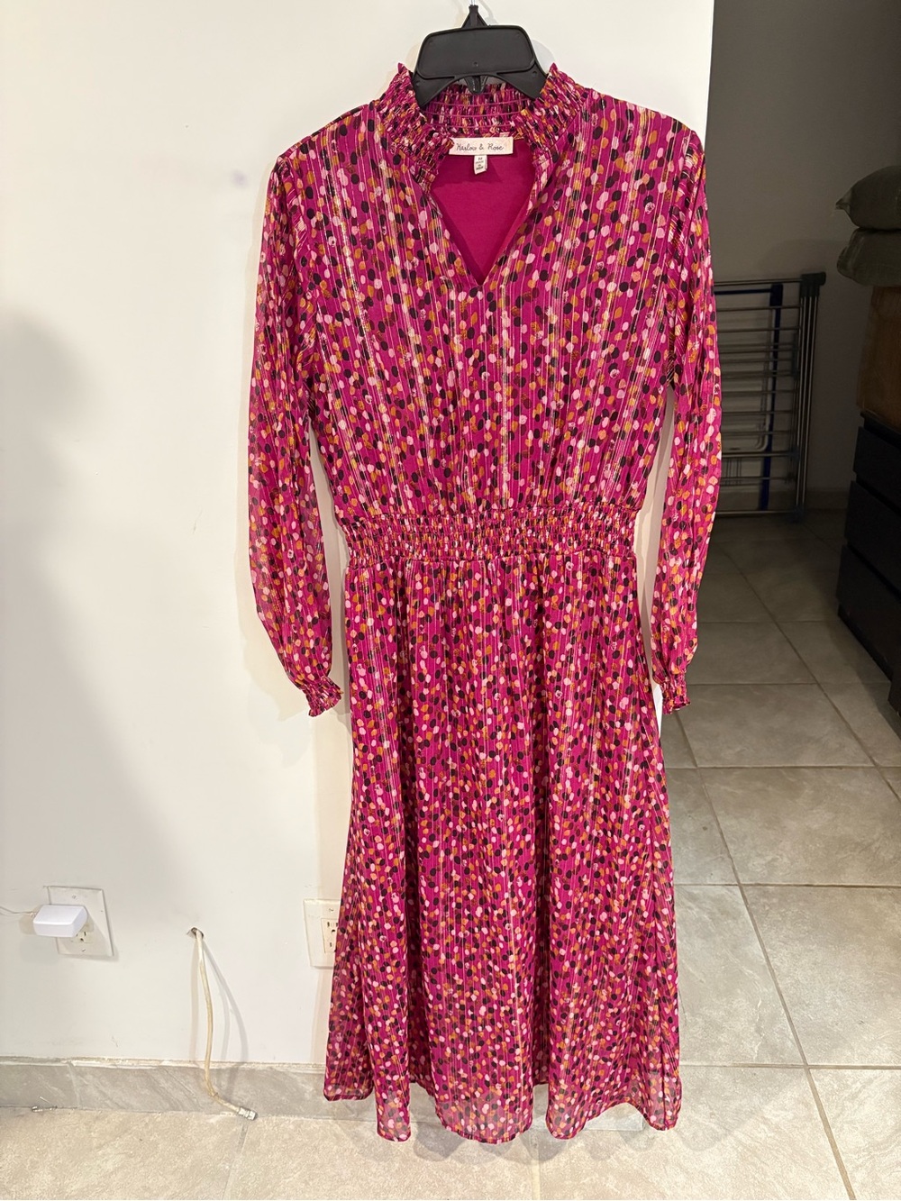 Smocked Waist Fuchsia Pink Long Sleeve Midi Dress -